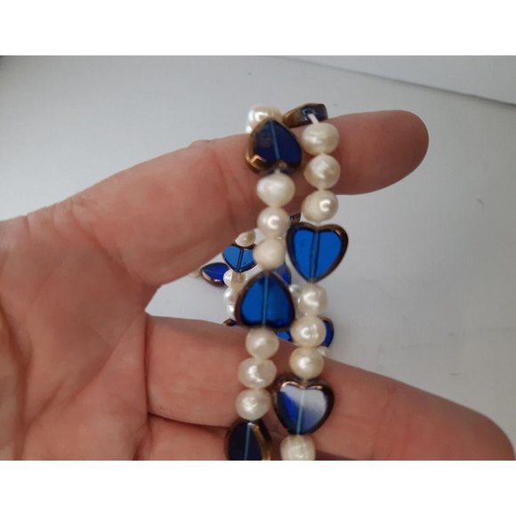 Freshwater Pearl And Blue Glass Heart Necklace 33 Inches - Picture 1 of 6